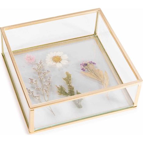 Svuotatasche / portaoggetti in vetro con fiori essiccati decorativi e bordi dorati, set da 2 pezzi, cm 14 x 14 x 5 H
