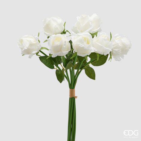 EDG Enzo De Gasperi Rosa Bouquet x9 con Foglie H 46 Cm Pianta Artificiale Colore Bianco