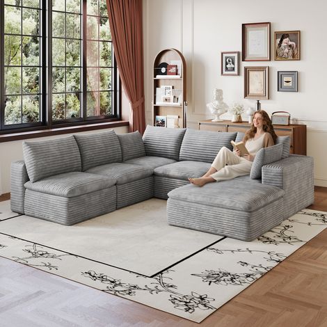 Modulares 5-Sitzer-Sofa „Cloud“ mit Hocker in Cord-Samt, komprimiert, keine Montage erforderlich, für das Wohnzimmer, 260 x 250 x 60 cm, Hellgrau
