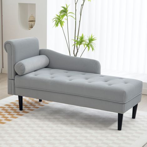 Gesteppte Chaiselongue mit Kissen und linker Armlehne aus Samt, Polstersofa, Chaiselongue-Sessel mit Massivholzbeinen für Wohnzimmer, Büro und Lounge, Grau