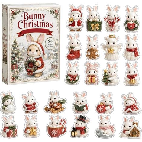 Adventskalender mit Hasenmotiven 2026 – Weihnachtskalender aus Acryl (24 Tage) mit 2D-Hasenfiguren – Niedliche Hasen als Christbaumschmuck – Für Hasenliebhaber (1/5)