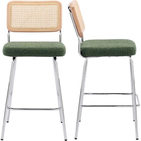 Lot de 2 chaises de bar en cannage et tissu bouclé vert, piètement chromé - Muse (1/5)