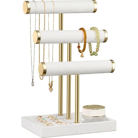 Organisateur de Bijoux à 3 Niveaux - Présentoir à Bijoux Blanc pour Bracelets, Support à Bijoux Amovible en T, Support à Bracelets en Velours, Support à Bijoux, Colliers, Montres, Bagues (1/5)