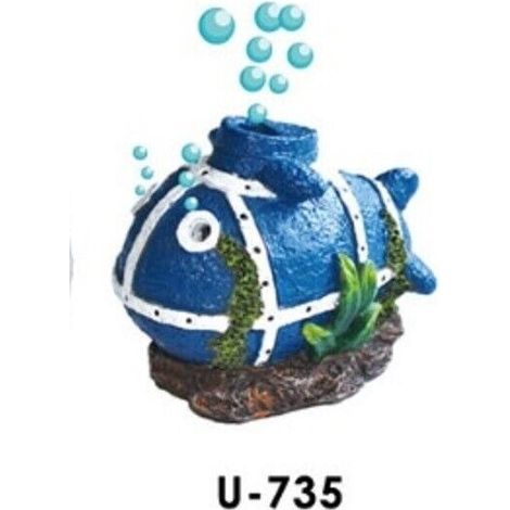 Diffuseur d'air aquarium Dophin U-735 – Accessoire en forme de sous marin bleu avec tuyau et pierre diffuseur (1/2)