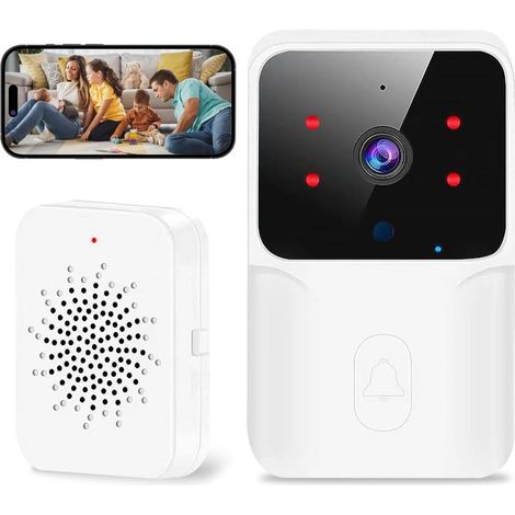 Kabellose Video-Türklingel für Zuhause, kabelgebunden, wasserdicht (IP65), 400 m Reichweite, Gegensprechanlage, 2,4-GHz-WLAN, 1 Empfänger + 1 Sender, Wohnzimmer, Büro – Weiß