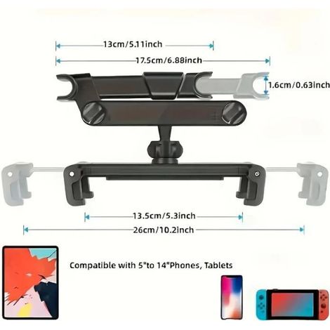 Support Tablette Téléphone Appuie-Tête Voiture - Compatible Écrans 4,7 À 13 Pouces - Réglable 360° - Pour Voyages Familiaux - 1 Pièce (1/5)