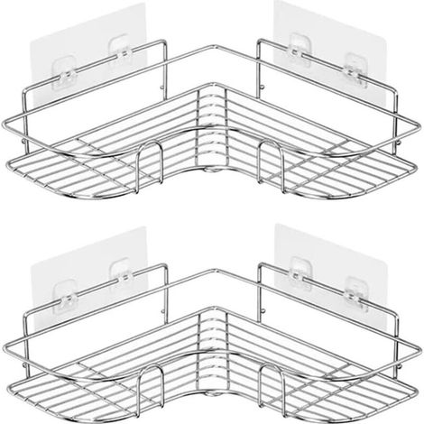 Juego de 2 estantes de esquina para ducha de acero inoxidable 304, estante de pared para baño con adhesivo, organizador de almacenamiento para inodoro, dormitorios y cocina [Plata] - Fei Yu (1/5)
