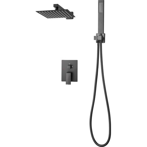 Mophorn Juego de ducha de lluvia con cabezal cuadrado de 20,3 cm y rociador manual, sistema de grifería de baño montado en pared con válvula de latón y kit decorativo, 6,7 L/min, acabado negro mate