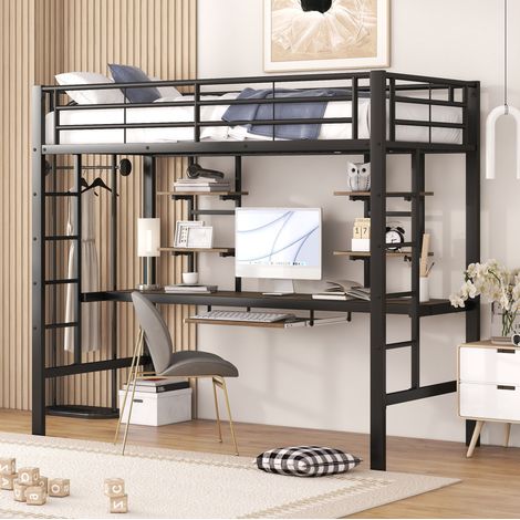 Letto a soppalco 90x200 cm in metallo nero salvaspazio con scrivania e scaffali (1/5)