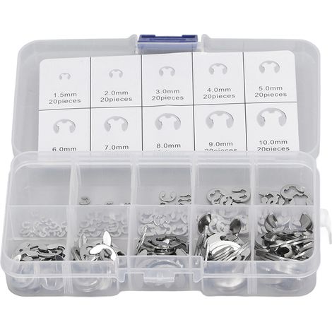 200 pièces Kit assortiment de clips E en acier inoxydable bonne résistance à la traction circlip de retenue externe pour roulement (1/5)