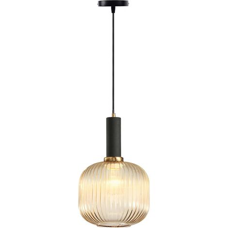 Suspension Moderne Verre Strié Ambre - Luminaire Suspendu E27 20cm pour Îlot Cuisine, Salle à Manger, Chambre