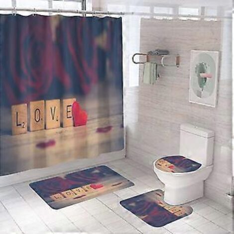 Ensemble de 4 pièces pour la Saint-Valentin : rideau de douche avec tapis antidérapant LOVE, couvercle de toilette et tapis de bain, rideau de douche vintage imperméable avec 12 crochets.