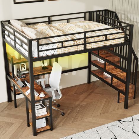 Letto a soppalco in metallo nero 140x200 cm con scrivania integrata, contenitore, scaletta, illuminazione a LED e stazione di ricarica. (1/5)