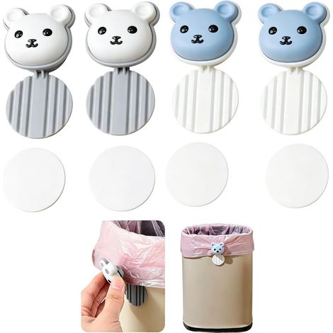 Set of 4 Bin Bag Holders, Polypropylene Bin Bag Holder, Practical Bin Bag Clip for Kitchen and Office, Clip for Bin Bags, 3.8 x 3.8 cm, 2 Grey and 2 Blue, Cute Bear Design (1/5)
