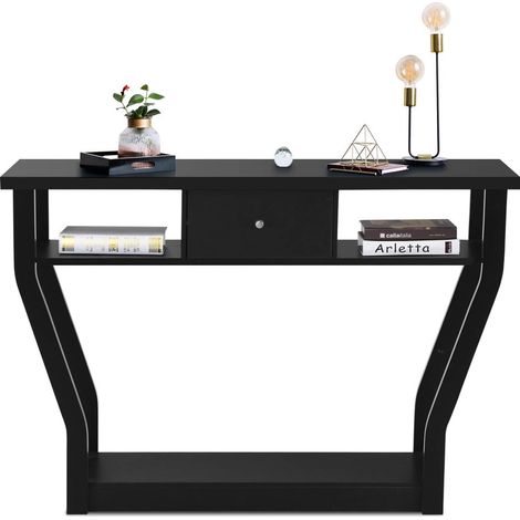 Goplus – Table console en MDF noir 120 x 30 x 81 cm – Anti-bascule avec tiroir et 3 étagères – Charge max 50 kg – Base stable et durable (1/5)