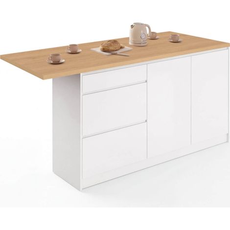 Idmarket – Îlot central mange-debout 4 personnes 180 cm – Casserolier 3 tiroirs et 2 portes – Blanc et bois – Surface de travail 3 cm