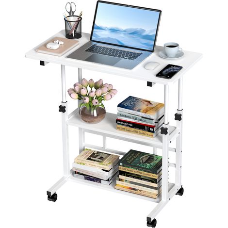 Table d'ordinateur Mobile de Bureau Réglable en Hauteur, Table d'étude Station de Travail avec 2 Etagères, 80x40x74.5-95.5cm, Blanc (1/5)