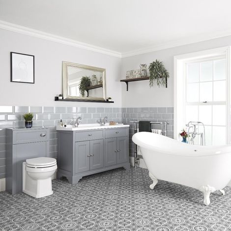 Milano Thornton Light Grey Bathroom Suite with Freestanding Double Ended Slipper Bath and Feet 1210mm Vanity Unit and Back to Wall Toilet WC Unit - White Ball & Claw Feet (1/5)