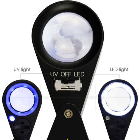 Lente d'ingrandimento 40x per gioielli, LED/UV, lente tripletta da 21 mm, vetro ottico, strumento tascabile per l'ingrandimento di gemme per gioiellieri, filatelisti e numismatici (1/4)