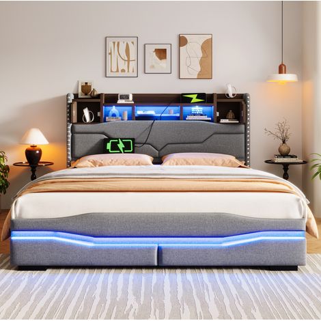 Bett Doppelbett Stauraum 160x200 Leinen Grau OKMYHOME (1/5)