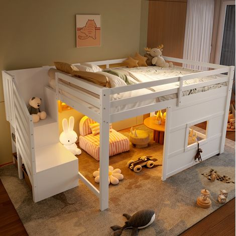 Letto a soppalco 140x200 cm in pino e MDF bianco con contenitori, senza materasso – MEUBLIV (1/5)