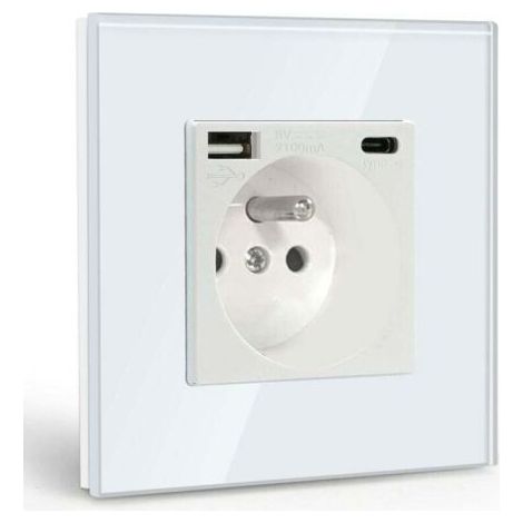 Presa a muro con porta USB e 1 porta Type-C, alimentazione CA bianca con pannello in vetro cristallo, ciabatta multipresa con USB (max 2.1A), adatta per smartphone e tablet.