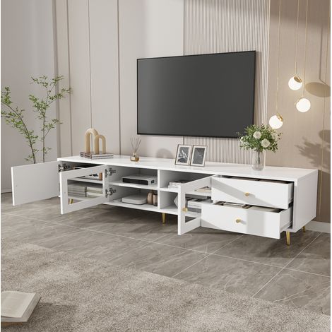 Meuble TV 170x40x28 cm en panneaux de particules blanc, 2 tiroirs, rangement pour salon – MEUBLIV (1/5)