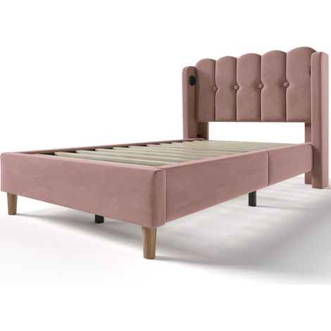 Letto singolo imbottito in velluto rosa 90 x 200 cm con ricarica USB Type-C e doghe (1/5)