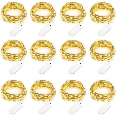 AIDUCHO Paquete de 12 guirnaldas de luces LED a pilas (pilas incluidas) de 2 m con 20 LED multicolor de alambre de cobre para Navidad, bodas, fiestas y decoración de disfraces - Blanco cálido (1/5)