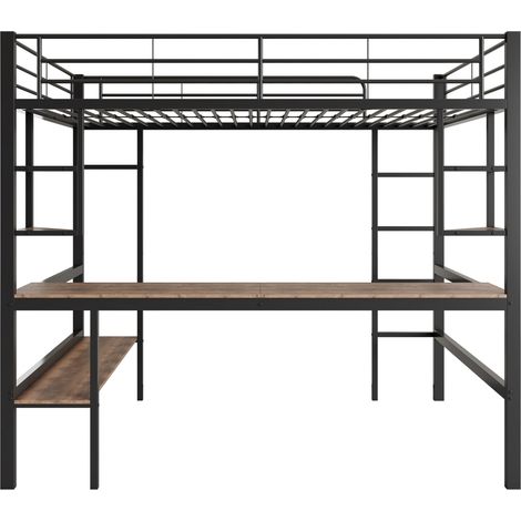Lit mezzanine en métal 90 x 200 cm avec bureau, étagères et bibliothèque, noir (1/5)