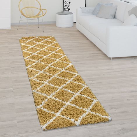 Paco Home Tappeto per soggiorno a pelo alto shaggy design scandinavo con motivo a rombi, moderno in giallo 60x100 cm (1/5)