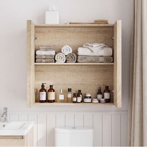 Meuble mural salle de bain 60x21,6x58 cm en MDF effet chêne, gain de place FloraGrace (1/5)