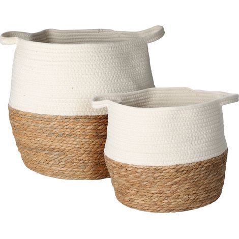 Ceste Portaoggetti Rebecca Mobili Cycas 35x35x35 Alga Marina Cotone Marrone Bianco Boho SET 2 pezzi