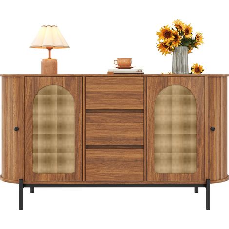 Buffet ovale rotin aspect bois portes coulissantes tiroirs compartiments ajustables pieds métal rangement 140x38x77,5cm - Noyer
