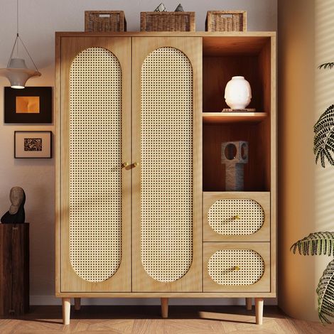 Kleiderschrank mit 2 Türen, 2 Schubladen und Holzeinlegeböden, Garderobenschrank im Landhaus- und Boho-Stil mit Rattan, Eiche (1/5)