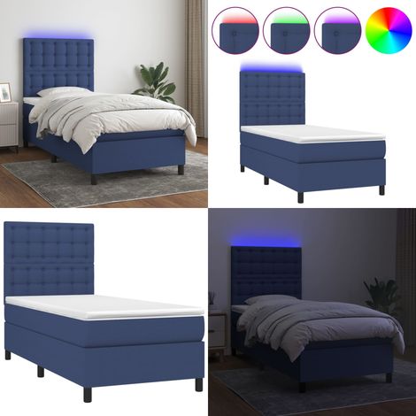 Cama box spring colchón y luces LED tela azul 90x190 cm - Cama con cabecero ajustable - Colchón con luz LED