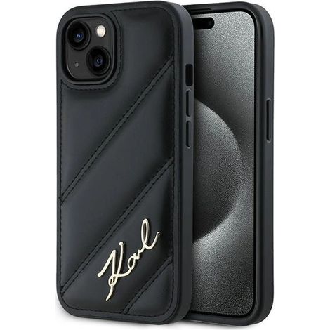 Coque rigide noire/noire Karl Lagerfeld KLHCP15SPQDSMGK pour iPhone 15/14/13 6,1 pouces, motif matelassé diagonal.
