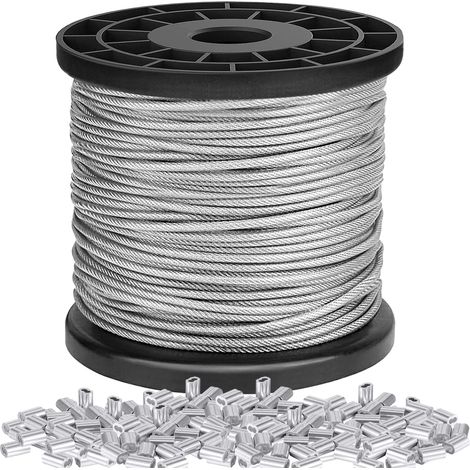 Cable de acero inoxidable de 1/16" - 100 m - 1,5 mm - Cable colgante - Núcleo de 7 x 7 hebras - Resistencia a la rotura de 167 kg - Con 100 fundas de aluminio