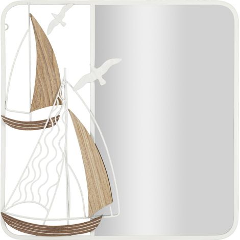 Specchio da parete Adriatic con decoro barche in ferro bianco e legno 60x60 cm