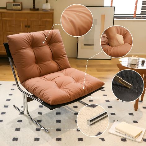 Fauteuil relax en cuir synthétique amovible, siège design tendance à piètement métal, pouf lounge moelleux style Barcelone pour salon, terrasse, chambre, brun (1/5)