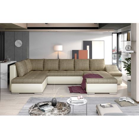 Canapé panoramique GYOVANI beige et blanc angle droit convertible couchage 140x294cm (1/2)