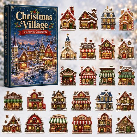 Boîte mystère de Noël avec village festif dans boîte bleue modèle A, figurine décorative surprise pour sapin, maison et fête (1/4)