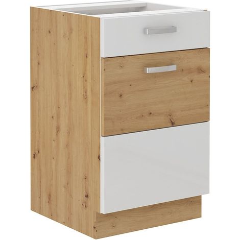 Unterschrank 50 Eiche Artisan + Weiß Hochglanz Küchenzeile Vollauszug Soft-Close (1/4)