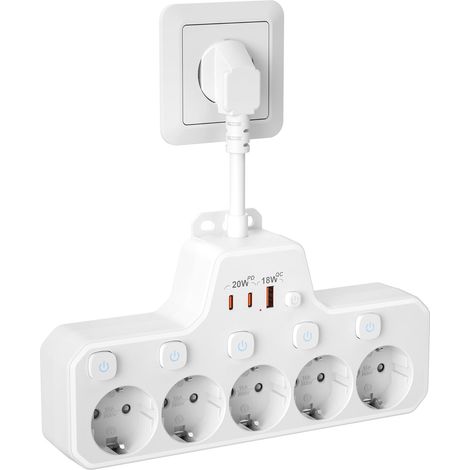 Multiprise 5 Prises avec Interrupteur Individuel,Câble Court de 10 cm,Blanc (1/5)