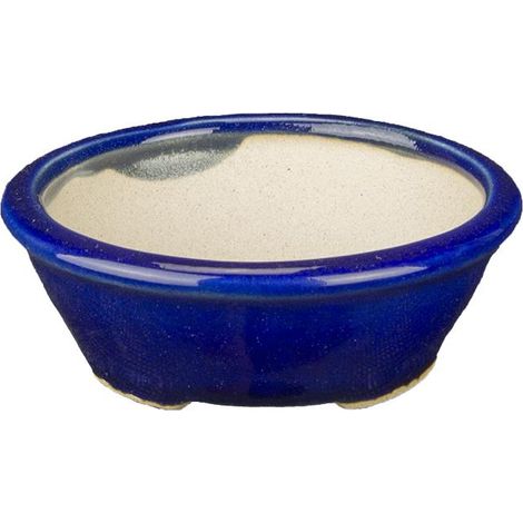 Vaso per bonsai rotondo in gres smaltato blu 8x6,5x2,5 cm - SF10