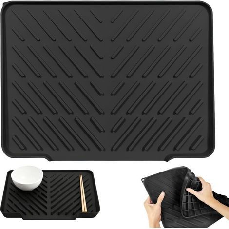 Tapis d\'égouttement en silicone - Protection de plan de travail anti-fuite - Tapis antidérapant et résistant à la chaleur - Pliable - Avec structure rainurée - 40 x 31 cm - Noir (1/5)