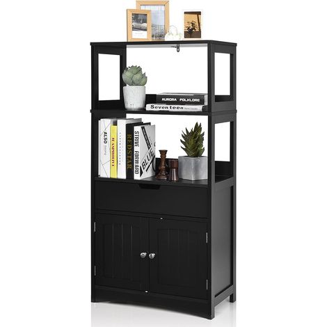 GOPLUS Meuble de Salle de Bain avec Tiroir et 2 Etagère, Meuble de Rangement en Bois du Style Minimaliste Moderne, pour Cuisine, Salon, Salle de Bain, 60 x 32,5 x 122 CM(Noir) (1/5)