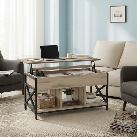 Table de Salon Relevable, Meuble Bas avec Rangement Ouvert et Caché, Structure Acier, pour Séjour, Marron et Noir (1/5)