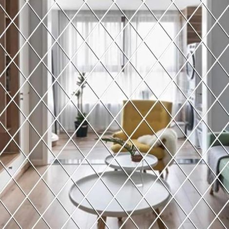 32 Pièces Autocollants Muraux en Forme de Losanges, 3D Amovible Miroir Stickers Muraux, Stickers Acrylique Miroir pour La Maison, Le Bureau, La Chambre à Coucher, Argent (50 100CM) (1/5)