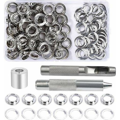 Occhielli Kit di occhielli, 100 set di occhielli da 10 mm, kit di riparazione per teloni, con 3 pezzi di strumenti per occhielli occhielli Kit di occhielli per teloni, tessuti, tende e fabbricazione